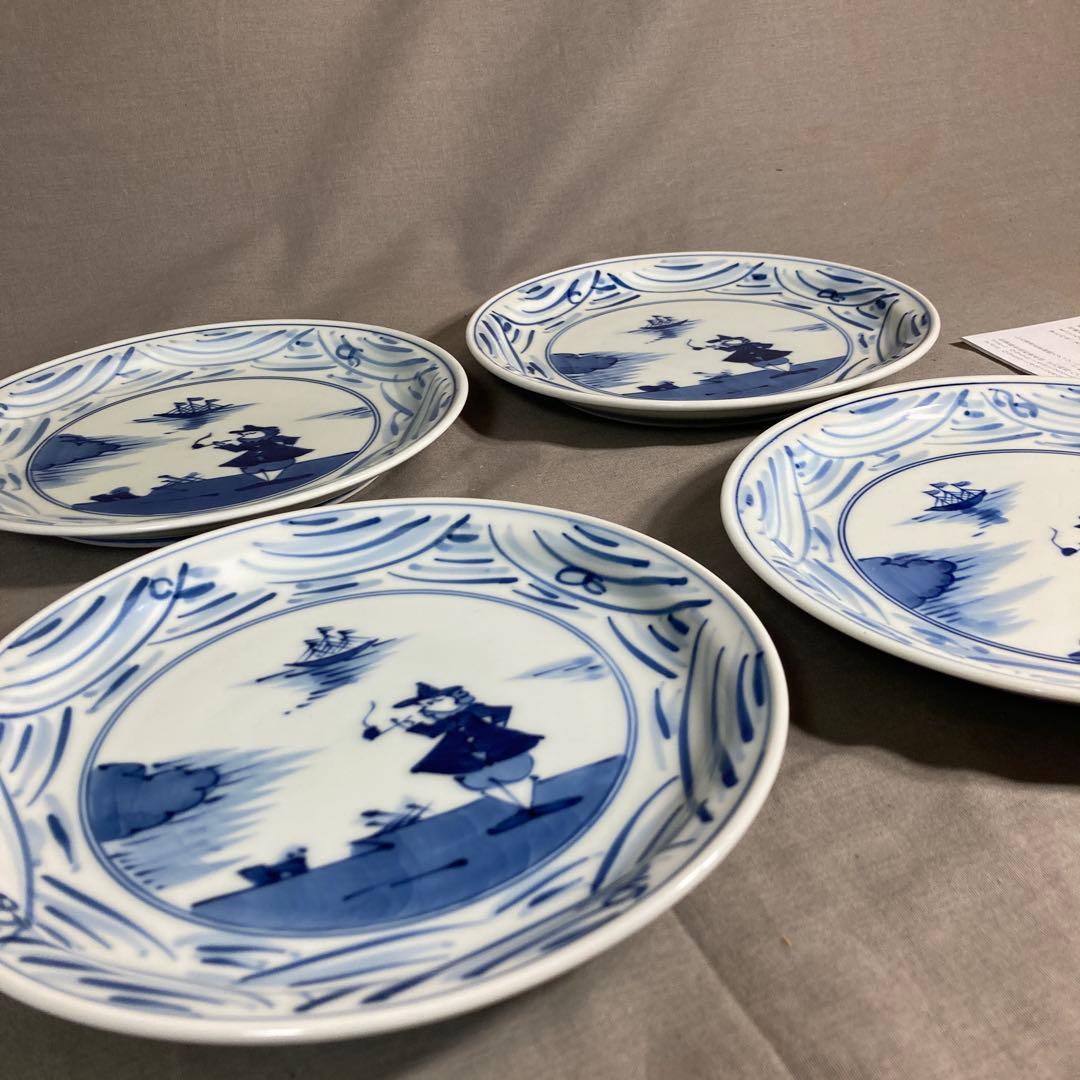 【青花窯】有田焼の伝統　日本の名窯　有田青花窯作　染付長崎紋　七寸玉淵皿四枚