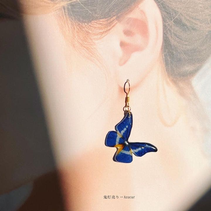 森の魔法使い道具　モルフォ蝶と蓄光蒼魔法ランタンと天球儀のピアス(3点セット)