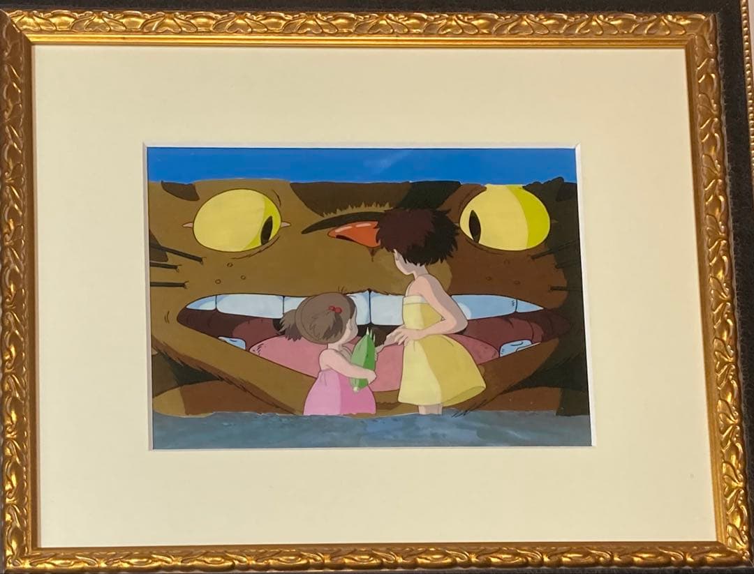 e６４　となりのトトロセル画【猫バスと二人】背景画・額縁付き