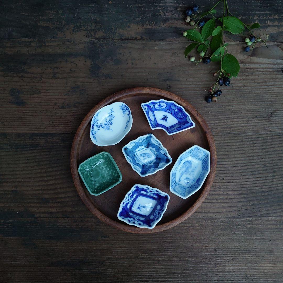 染付 緑釉 印判 菱形 扇形等 豆皿 6種6枚 骨董 アンティーク