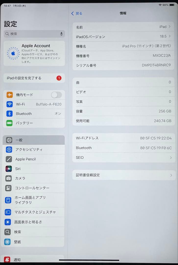 iPad Pro 11インチ　第2世代　グレイ　256GB A2228 美品