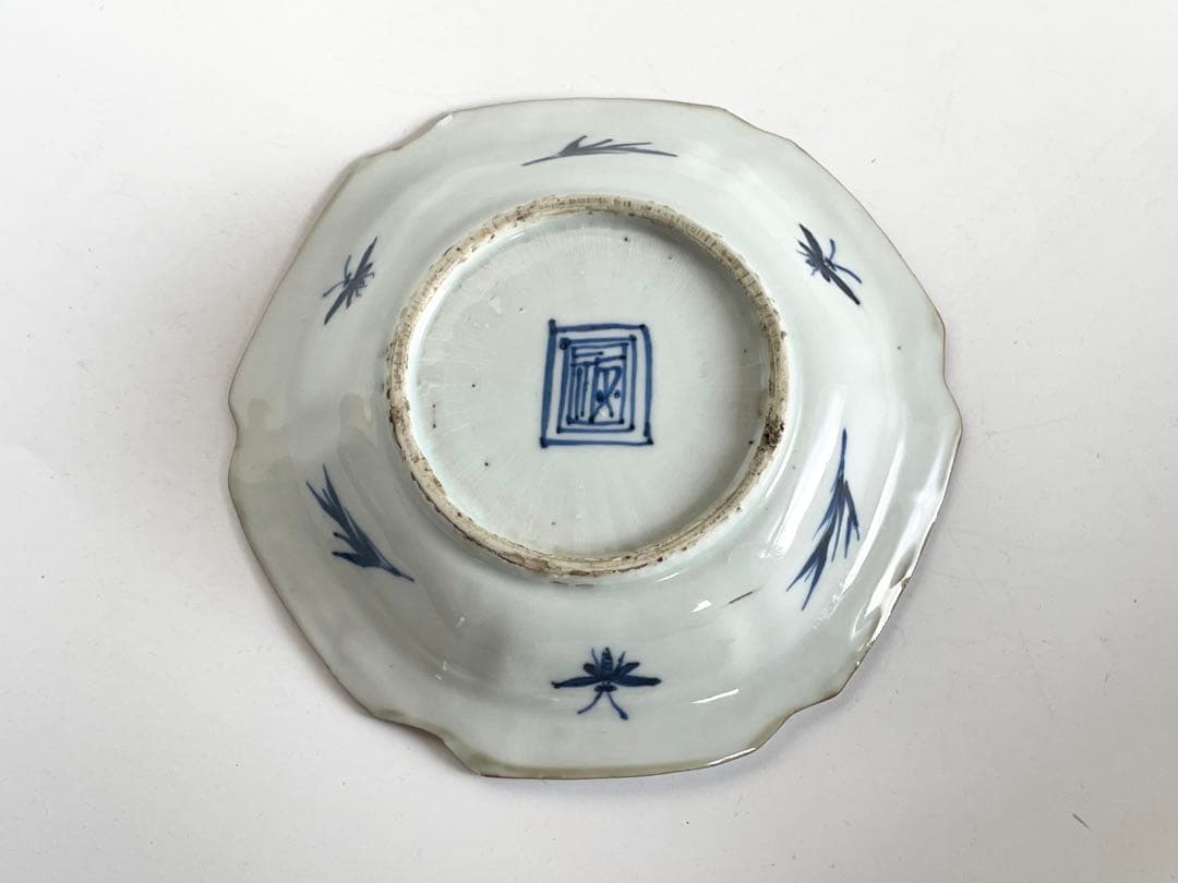 中国骨董　アンティーク　祥瑞　花文　輪花皿　六角隅入　五寸皿　小皿　角福　古染付