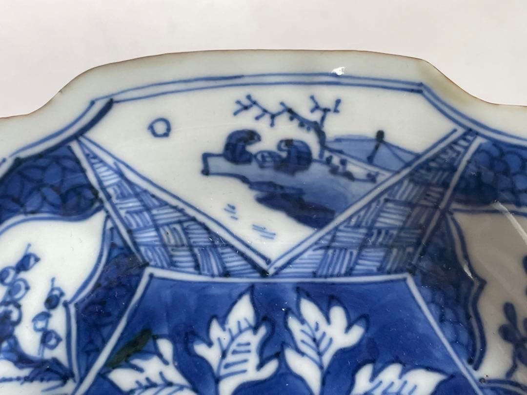 中国骨董　アンティーク　祥瑞　花文　輪花皿　六角隅入　五寸皿　小皿　角福　古染付