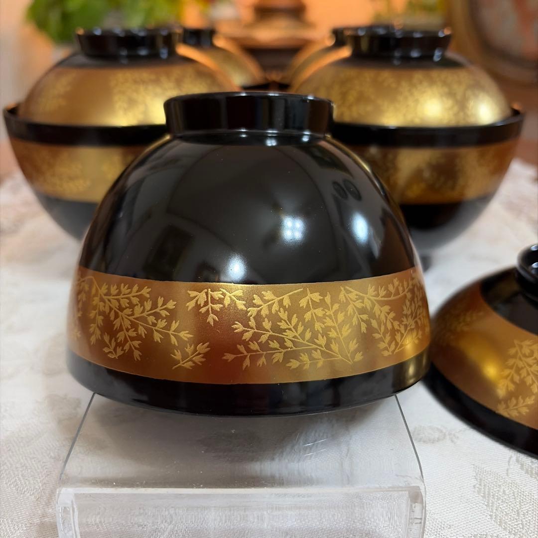 会津塗　乙造作　蓋付き御吸物椀揃　5客セット　金彩　蒔絵　未使用