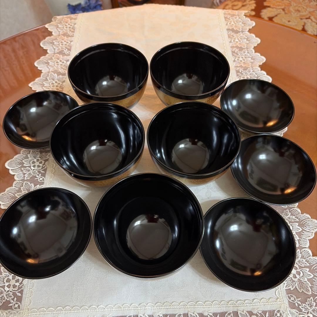 会津塗　乙造作　蓋付き御吸物椀揃　5客セット　金彩　蒔絵　未使用