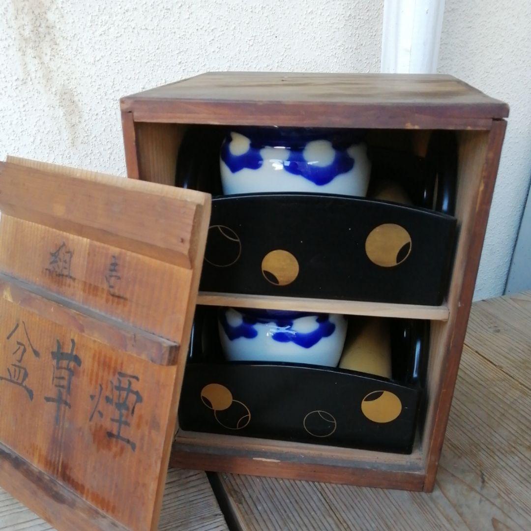 骨董　煙草盆　つぼつぼ　茶道具　２つ　木製　漆器 染め付け 漆器