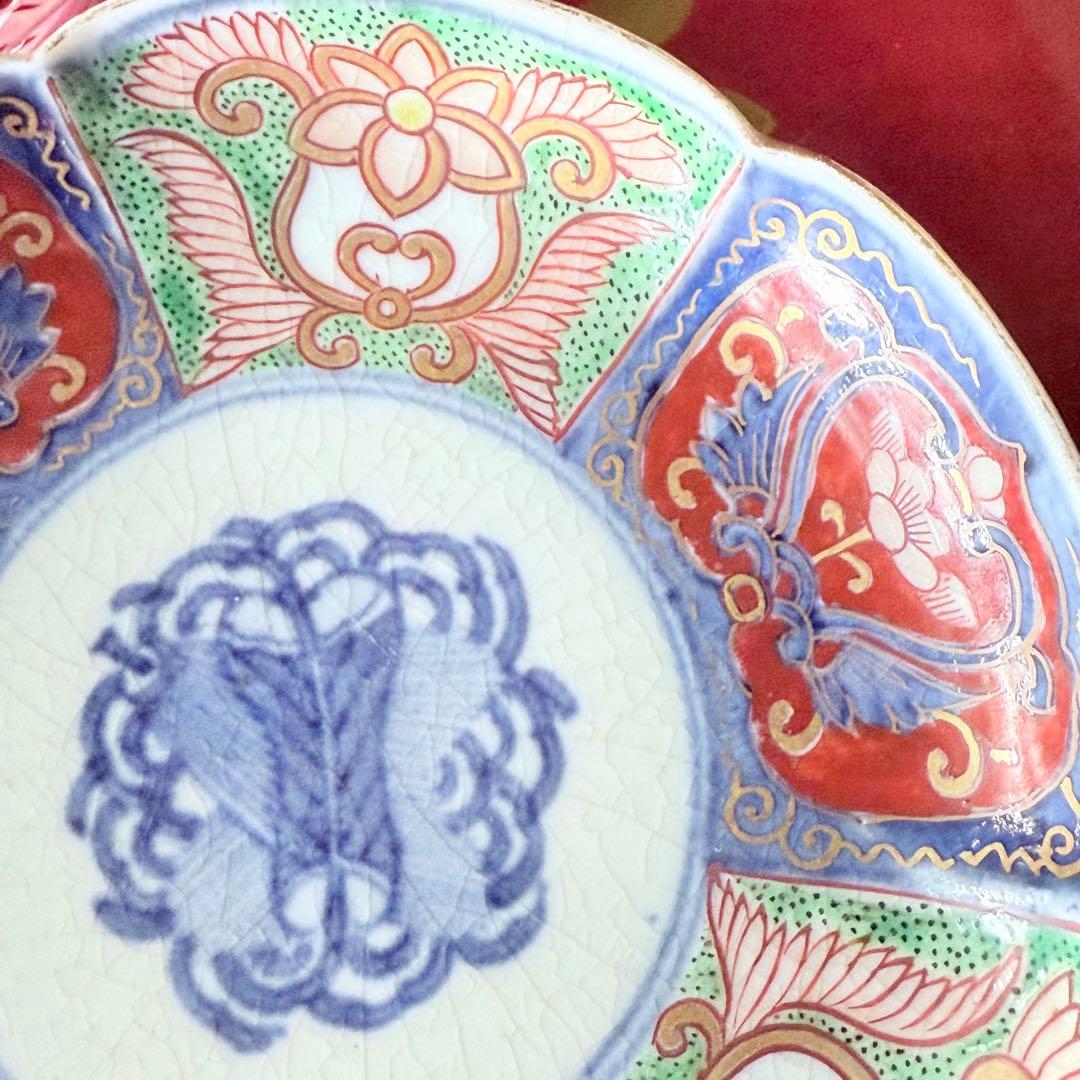 Y様へ感謝お嫁入‼️明治27年‼️超絶伊万里錦手　軍配❌瓔珞文輪花縁小皿15客➕3客