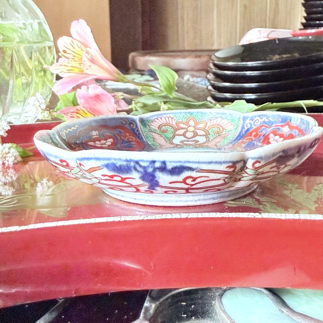 Y様へ感謝お嫁入‼️明治27年‼️超絶伊万里錦手　軍配❌瓔珞文輪花縁小皿15客➕3客