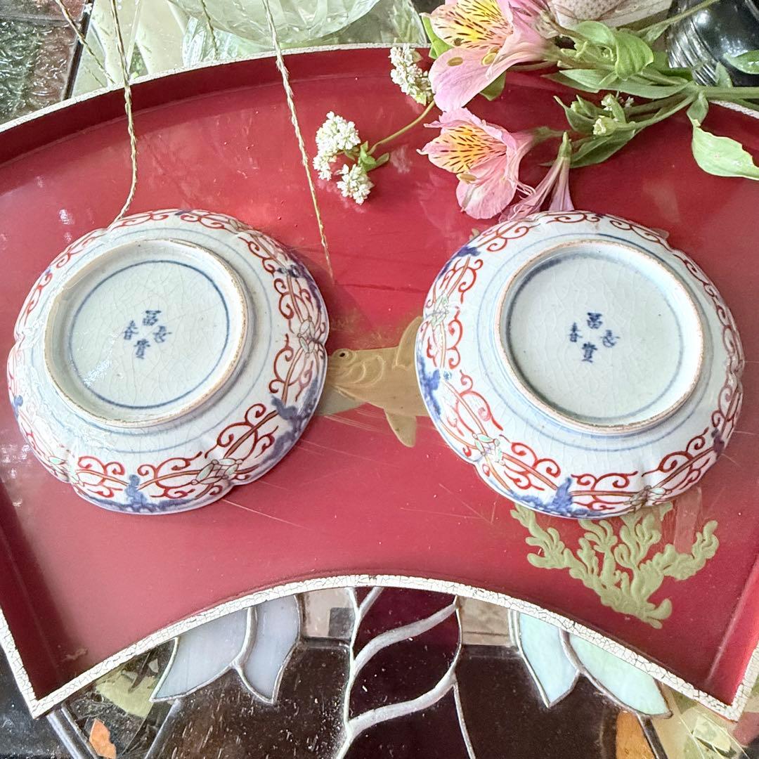 Y様へ感謝お嫁入‼️明治27年‼️超絶伊万里錦手　軍配❌瓔珞文輪花縁小皿15客➕3客