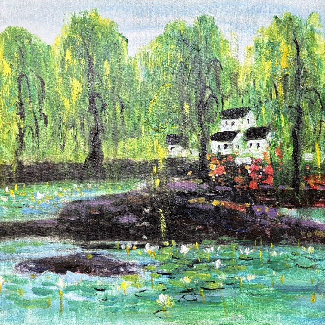 手描き 水彩・油彩画 林風眠 作品図 風景画 キャンバス 約70×100cm