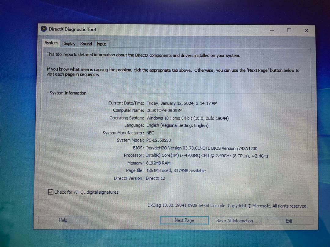 その他ノートPC本体 NEC LaVie LS5550/S