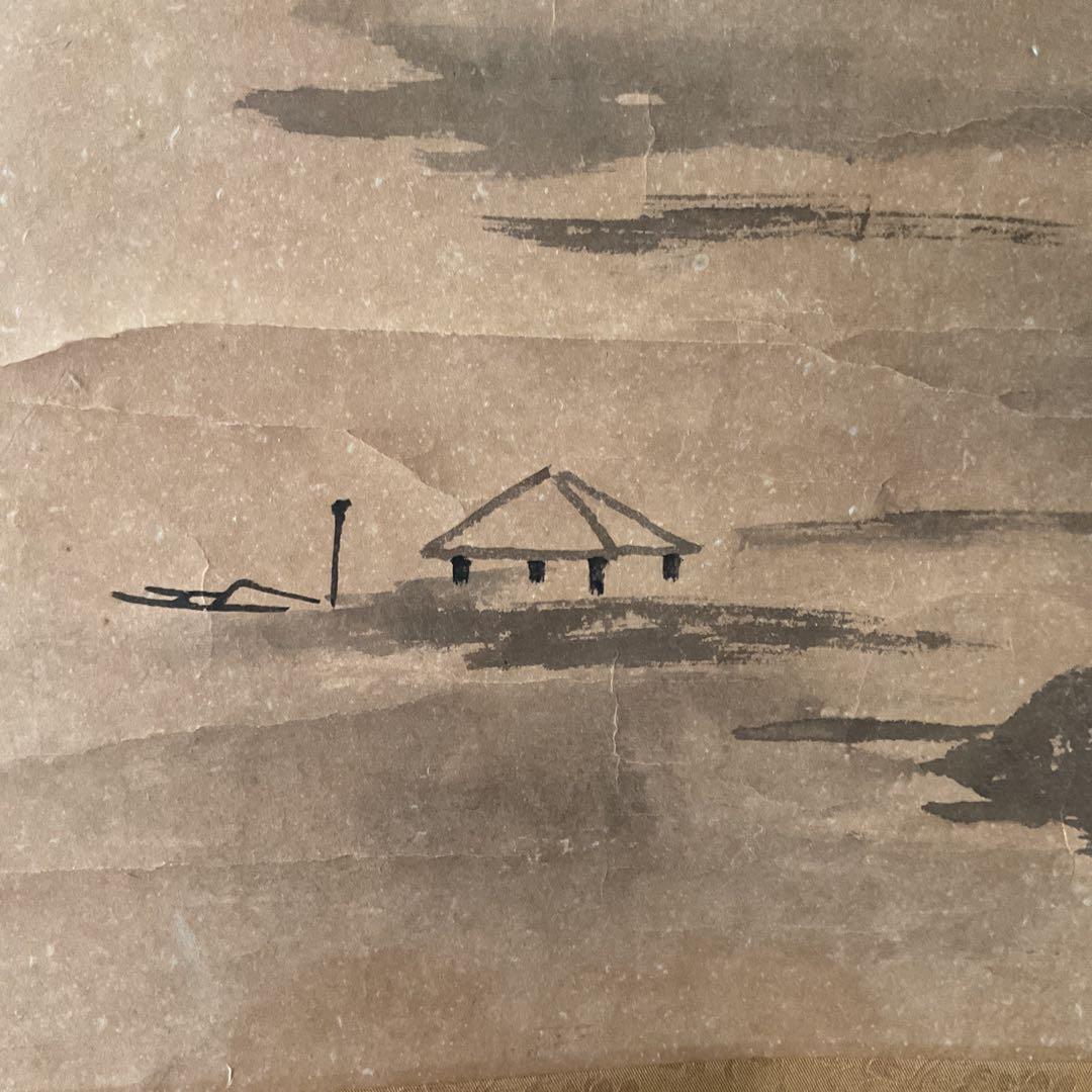 中国画 紙本水墨山水図 軸先陶器軸