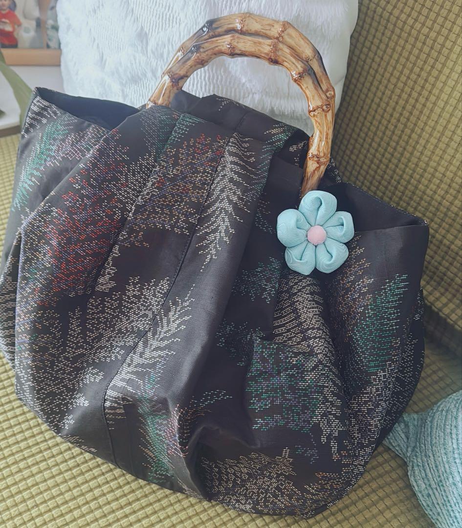 【未使用着物リメイクバッグ】　希少逸品　一元式　大島紬　緻密な五色の草木文
