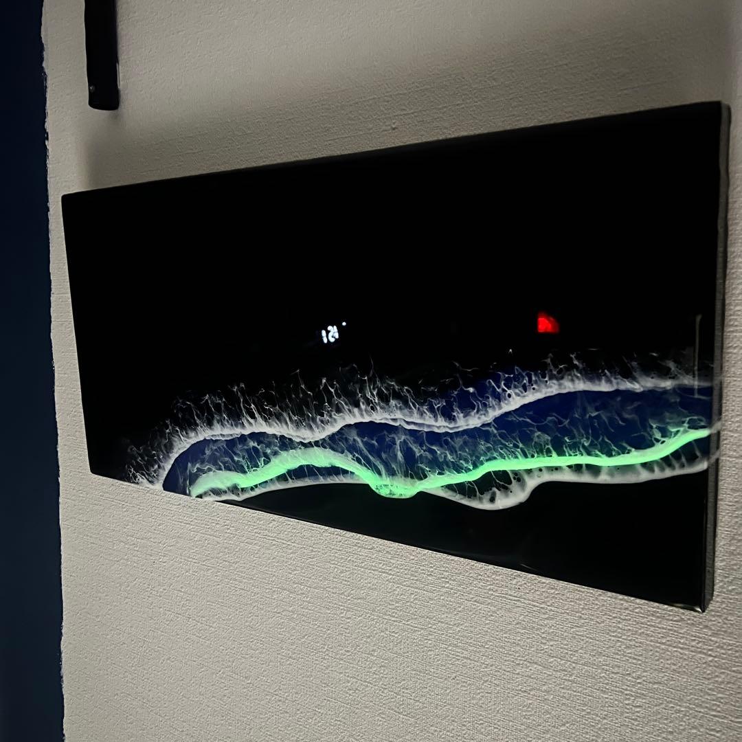 【レジンアート】モノクローム／夜光虫／蓄光／ワイドパネル 60cm × 28cm