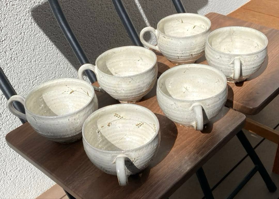 和モダン 陶芸カップ 6客 手描き草文様 ナチュラル系
