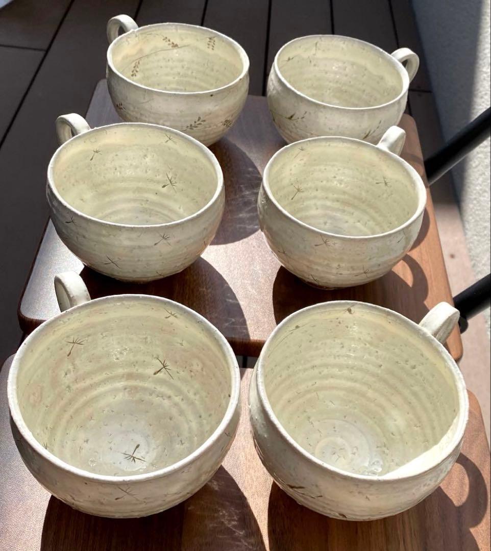 和モダン 陶芸カップ 6客 手描き草文様 ナチュラル系