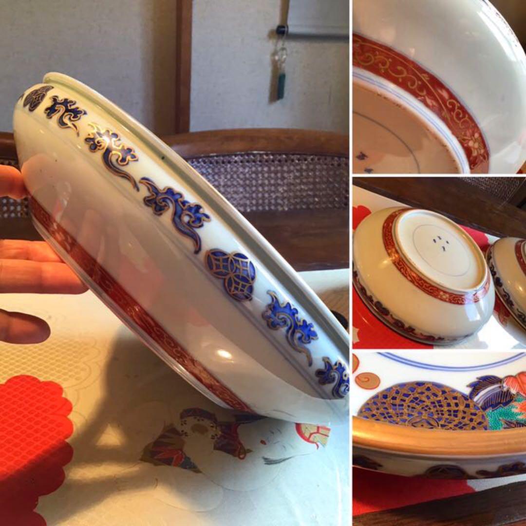 939古伊万里　最上手金襴手　唐獅子牡丹七宝紋様（冨貴長春）三ツ鉢　共箱付