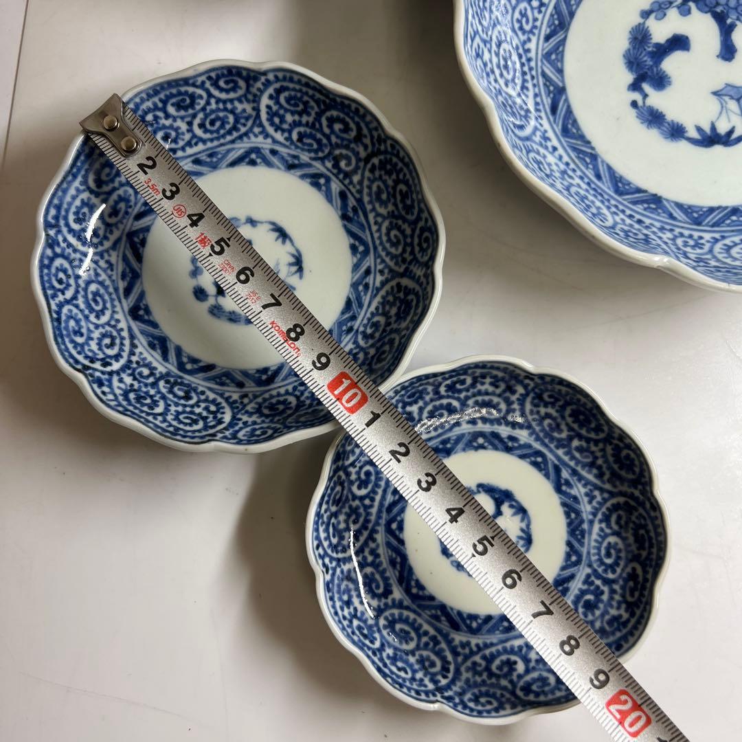 古伊万里　蛸唐草四ツ皿　木箱付　幅約15/13.5/11/9㎝東Y8-0218①
