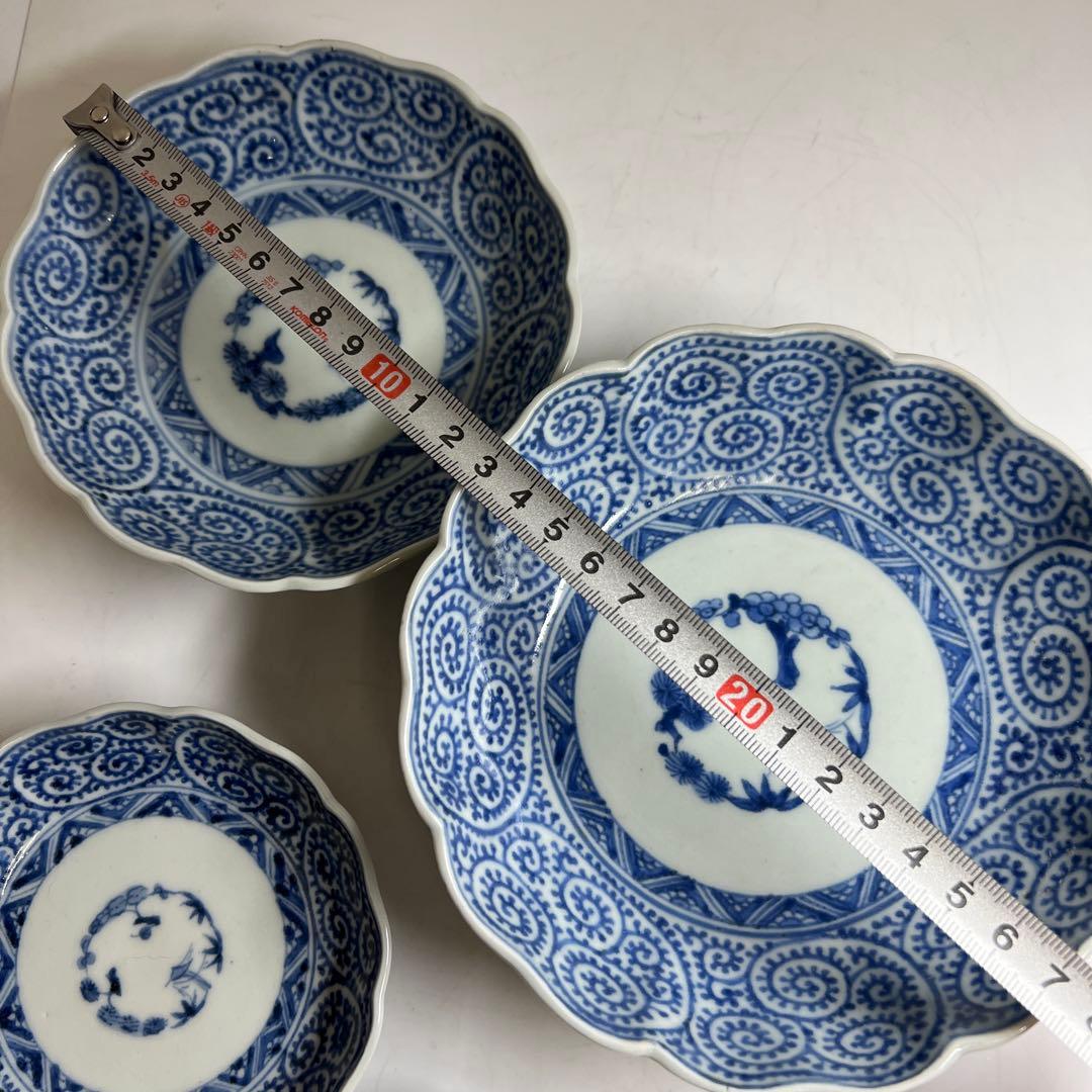 古伊万里　蛸唐草四ツ皿　木箱付　幅約15/13.5/11/9㎝東Y8-0218①
