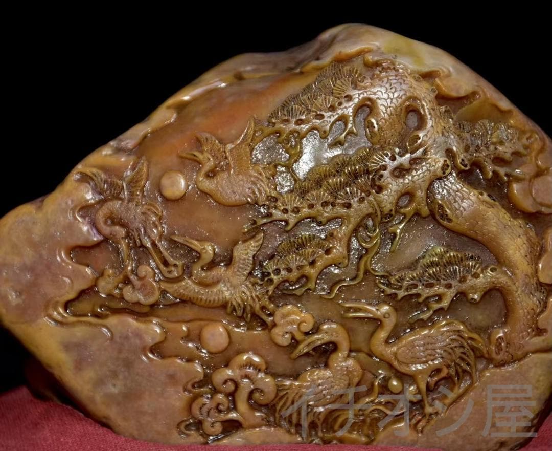 旧藏珍品【松鶴延年】印鑑｜寿山石原石の印章｜天然石｜細密彫｜開運置物｜台座付き