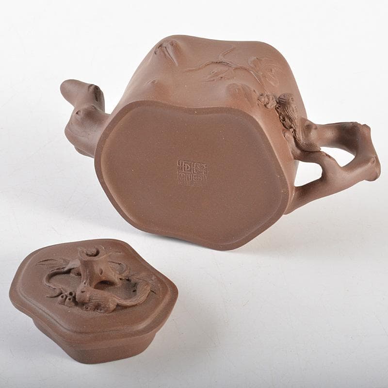 中国　紫砂　朱泥　栗鼠果実文　急須　茶壷　在銘　C　6411