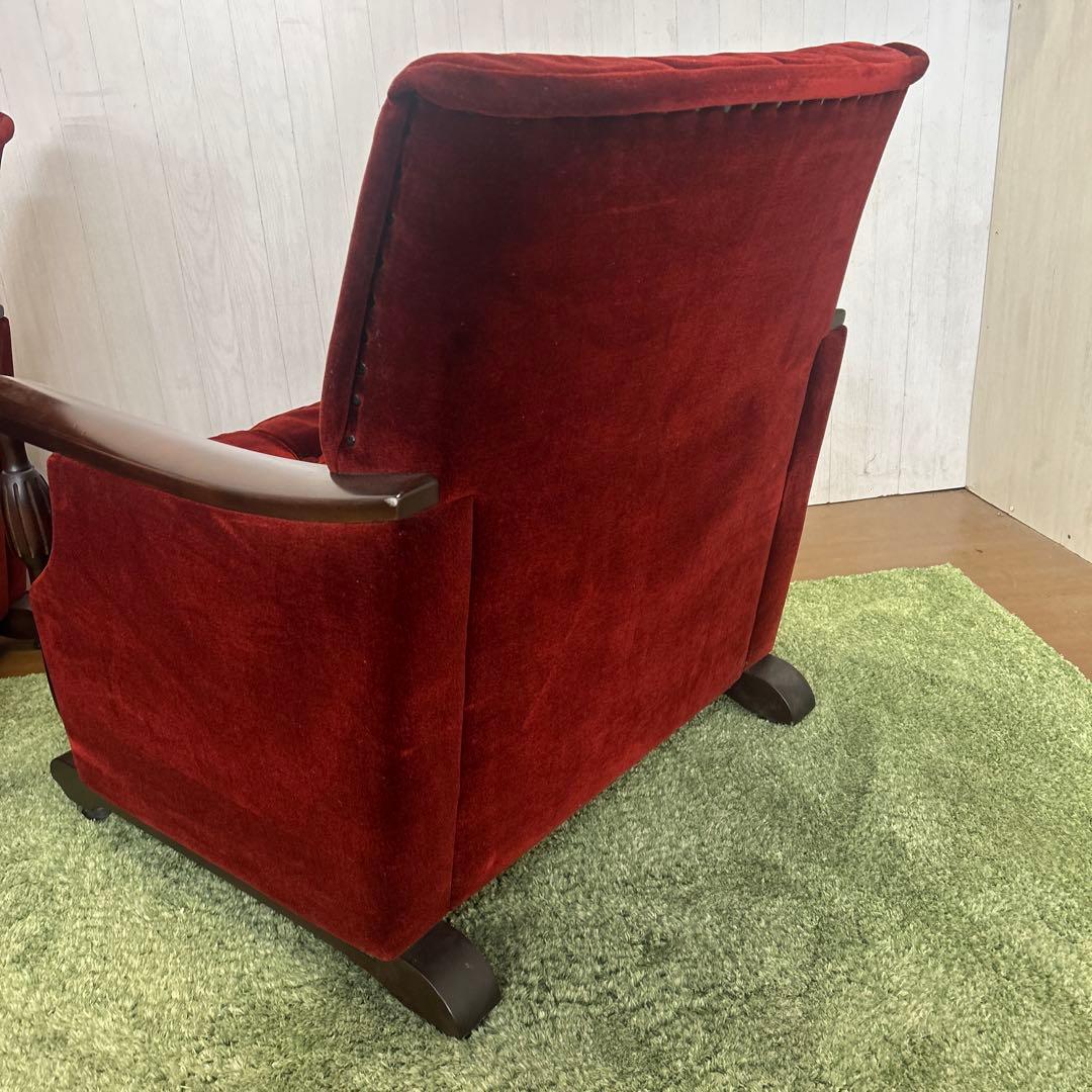 ②昭和レトロ 古家具 一人掛けベロアソファー アームチェア ヴィンテージ 赤