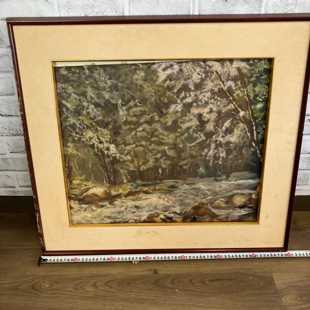 和紙ちぎり絵 風景画 渓流 川 額縁入り 壁掛け インテリア アート 古美術品