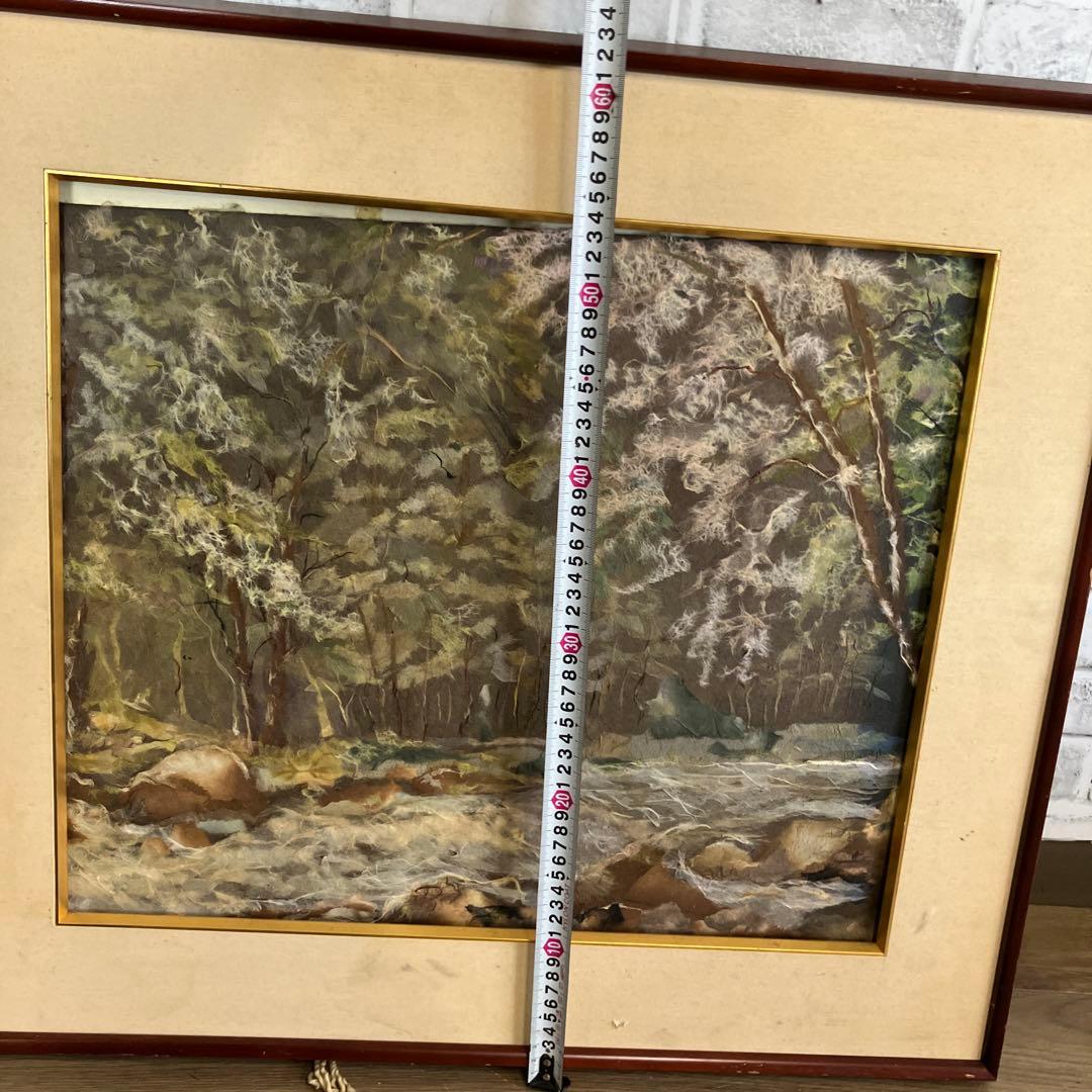 和紙ちぎり絵 風景画 渓流 川 額縁入り 壁掛け インテリア アート 古美術品