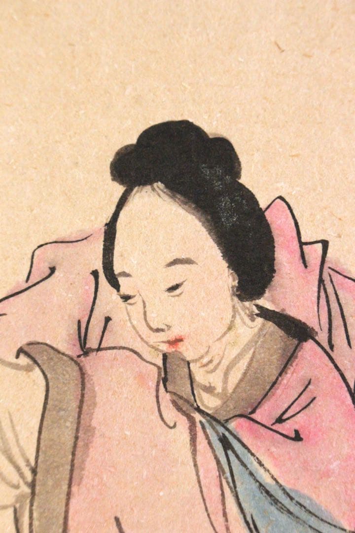 No4471 掛軸　中国画　貴亭　唐美人画賛　着色紙本　唐物　中国美術　送料無料