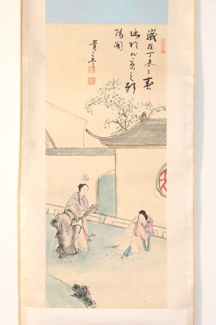 No4471 掛軸　中国画　貴亭　唐美人画賛　着色紙本　唐物　中国美術　送料無料