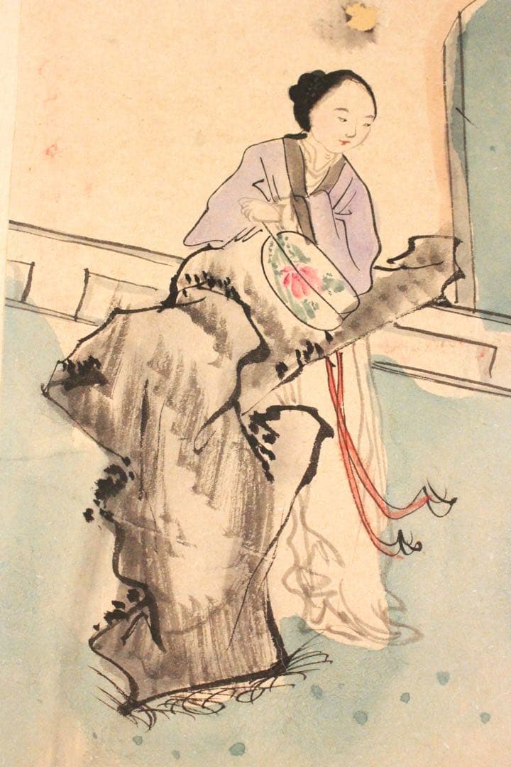 No4471 掛軸　中国画　貴亭　唐美人画賛　着色紙本　唐物　中国美術　送料無料