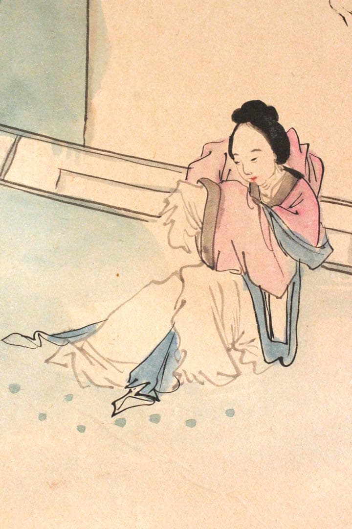 No4471 掛軸　中国画　貴亭　唐美人画賛　着色紙本　唐物　中国美術　送料無料