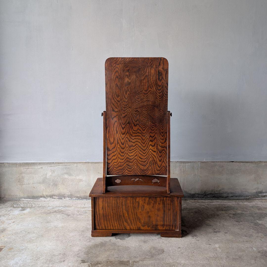 【古家具】昭和初期ぐらいの縮み杢がきれいな小さめ鏡台　化粧台　卓上ミラー