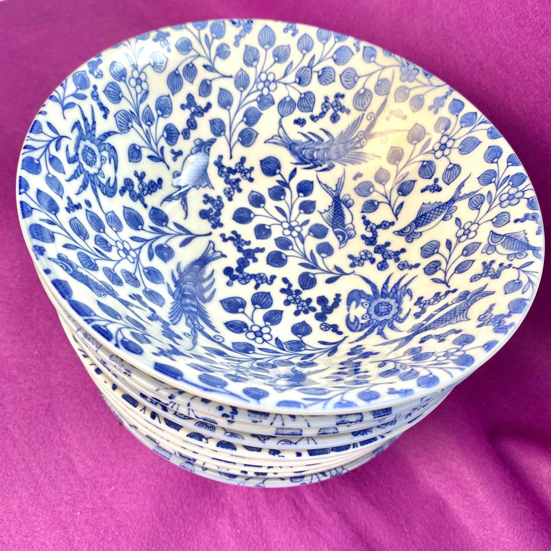 【龍峰窯】魚藻紋 鉢　美濃焼　9枚セット　ラーメン鉢　丼　青　海老　蟹