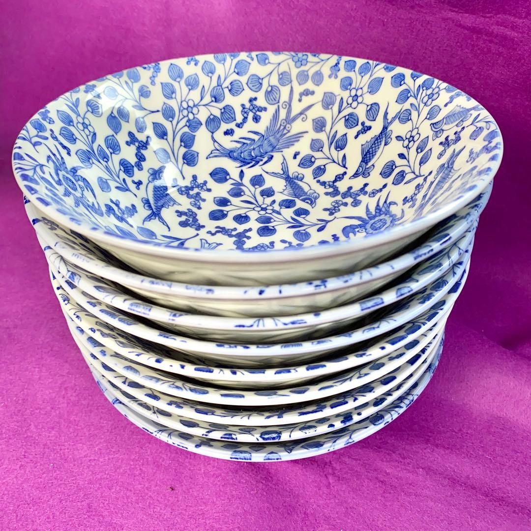 【龍峰窯】魚藻紋 鉢　美濃焼　9枚セット　ラーメン鉢　丼　青　海老　蟹