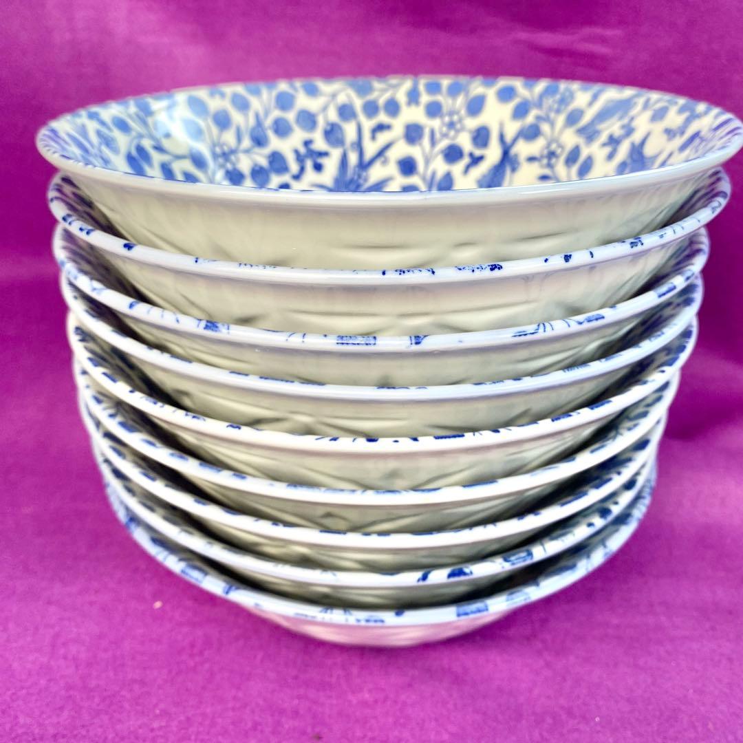 【龍峰窯】魚藻紋 鉢　美濃焼　9枚セット　ラーメン鉢　丼　青　海老　蟹