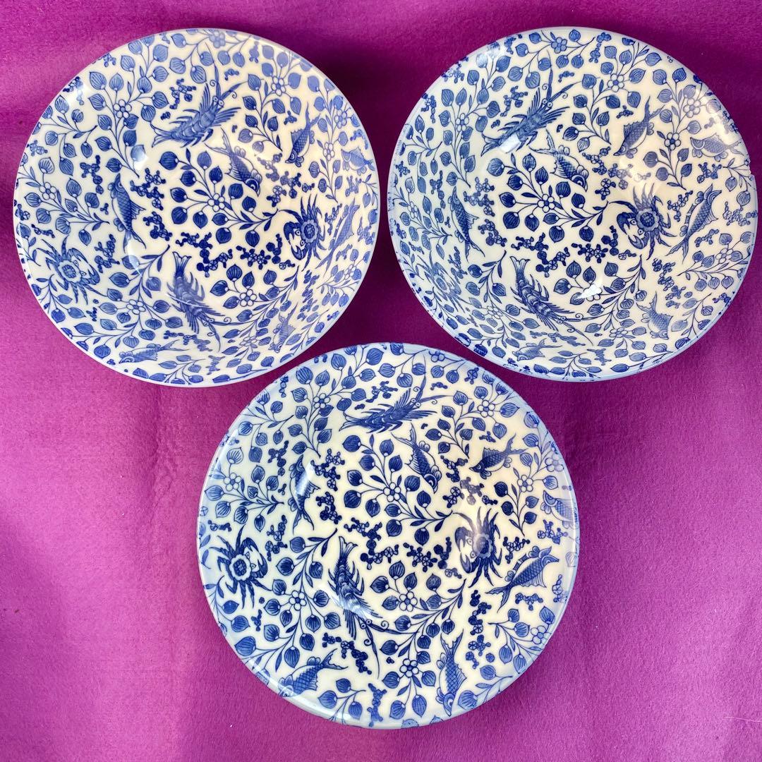 【龍峰窯】魚藻紋 鉢　美濃焼　9枚セット　ラーメン鉢　丼　青　海老　蟹