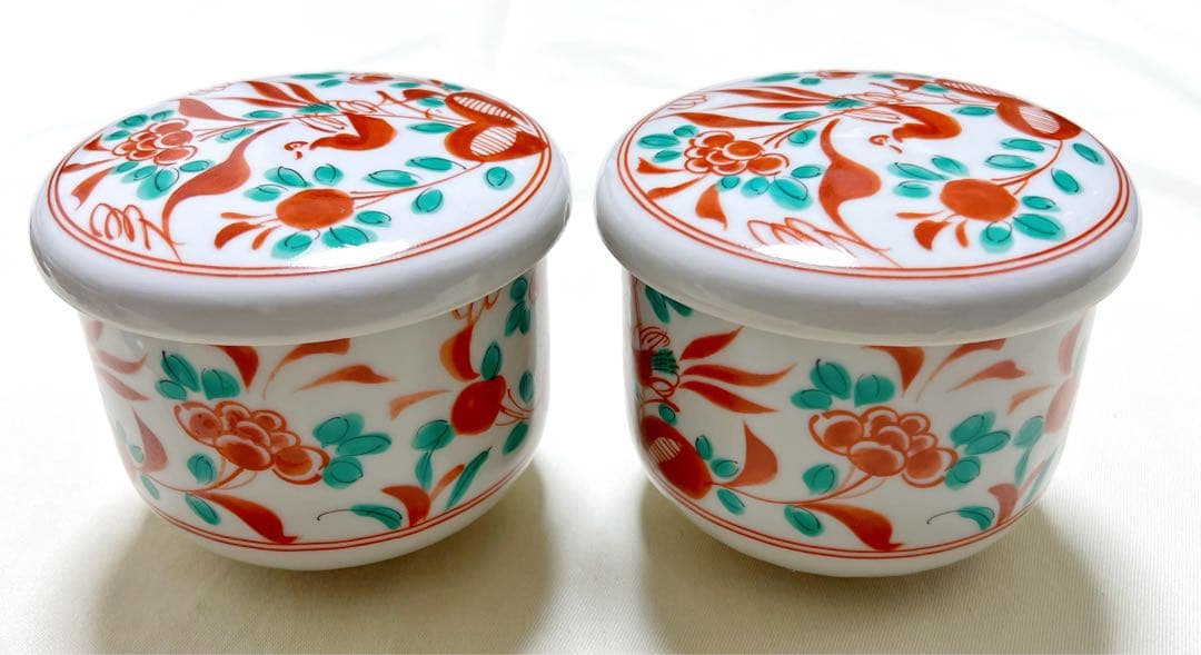 未使用　たち吉　橘吉　赤絵花鳥文　茶碗蒸し器　蓋付き煮物碗　5客セット