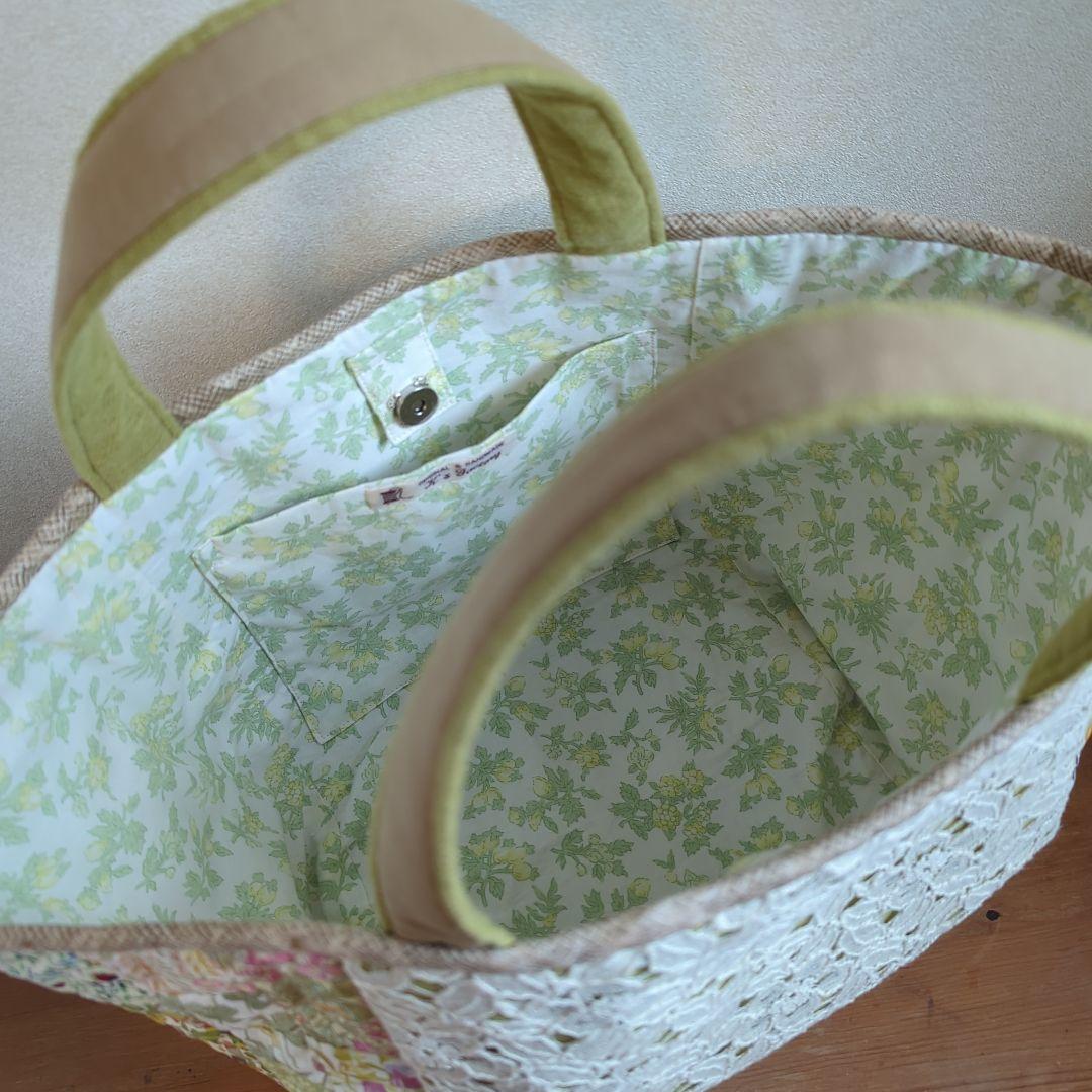 ✿リバティ✕パッチワーク✿　レースとコンビ　ぽってりマルシェバッグ〈Ｌ〉