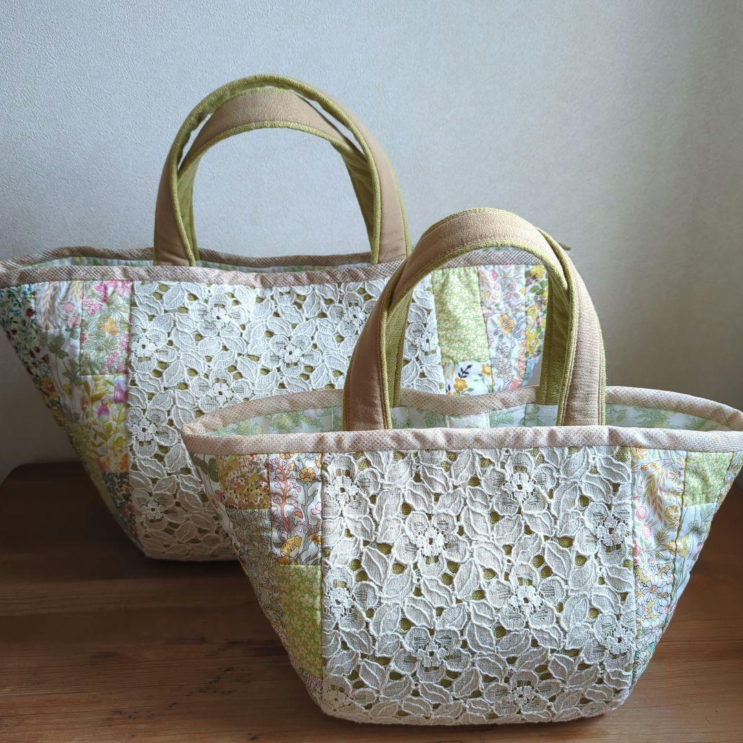 ✿リバティ✕パッチワーク✿　レースとコンビ　ぽってりマルシェバッグ〈Ｌ〉