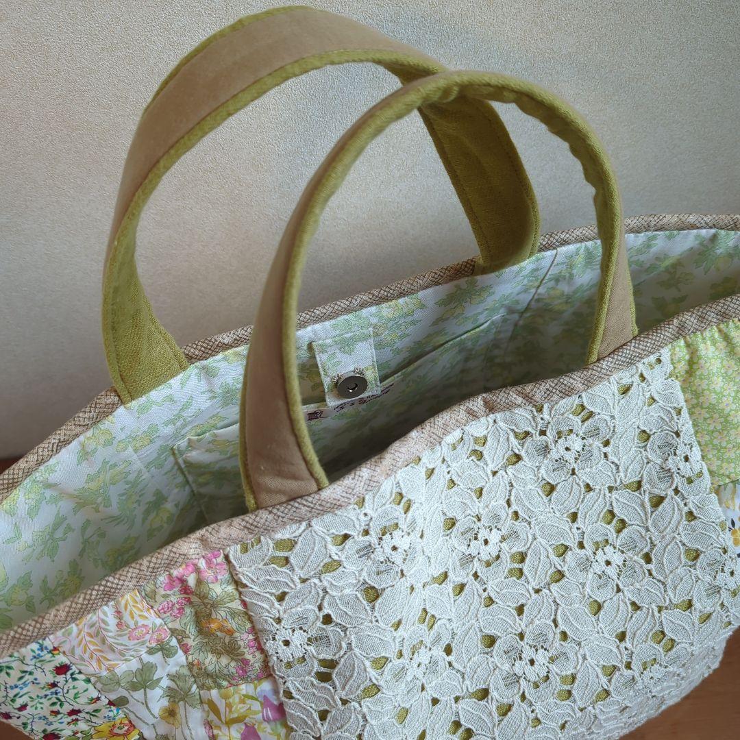 ✿リバティ✕パッチワーク✿　レースとコンビ　ぽってりマルシェバッグ〈Ｌ〉