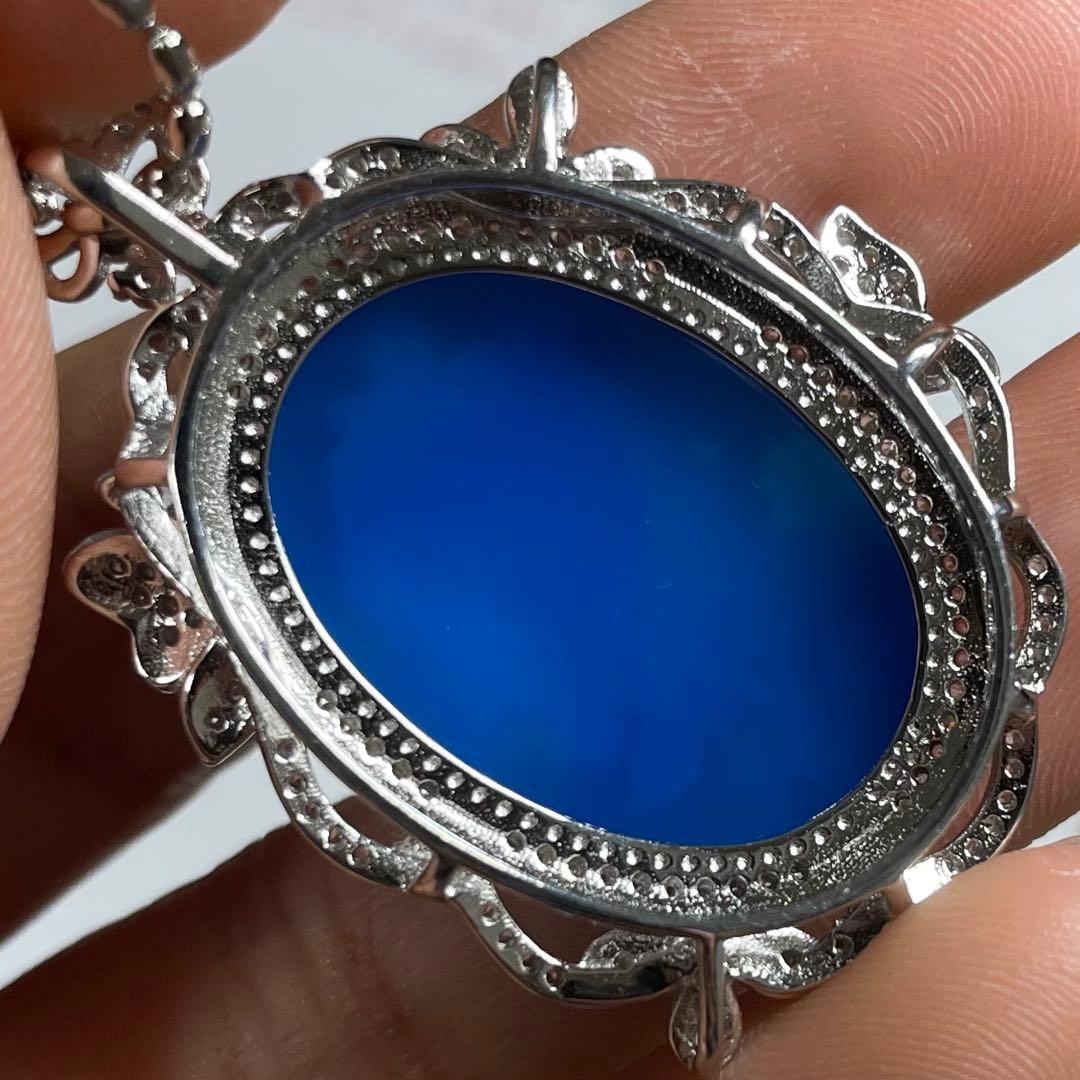 天然石ペンダント　カメオ　青瑪瑙　白蝶貝　25*18mm SV925刻印