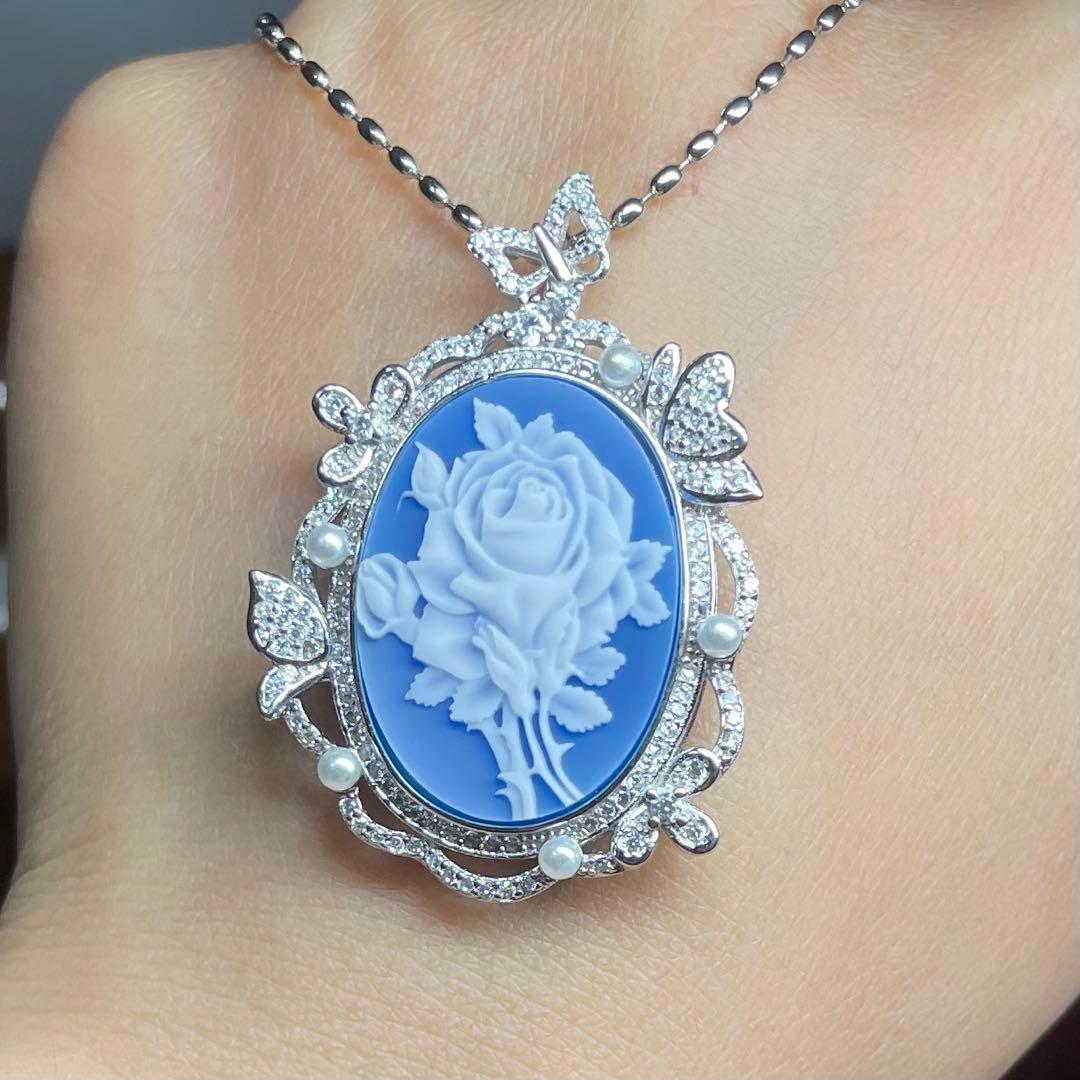 天然石ペンダント　カメオ　青瑪瑙　白蝶貝　25*18mm SV925刻印