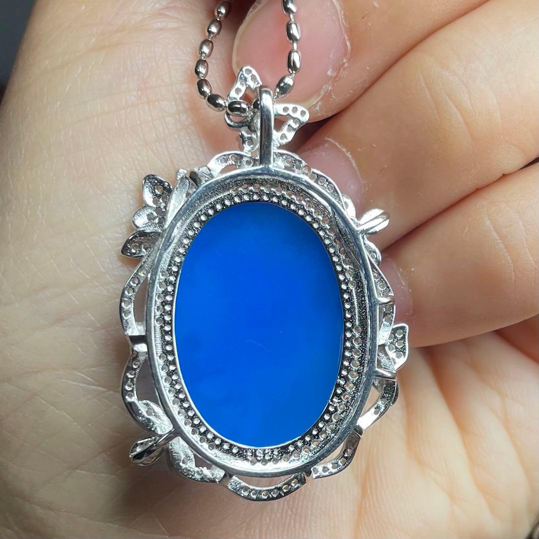 天然石ペンダント　カメオ　青瑪瑙　白蝶貝　25*18mm SV925刻印