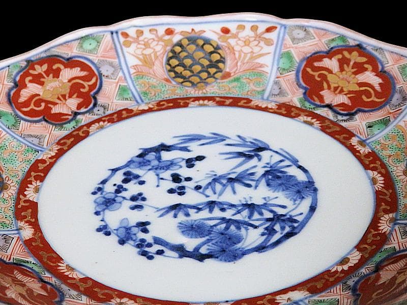 古伊万里　金襴手　松竹梅　菊花四方襷紋に花の図　６寸皿　N149AS-CYy