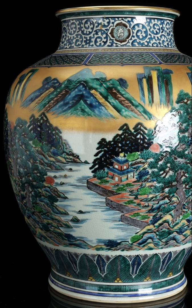 九谷焼 聚山作 金彩色絵 楼閣山水図 特大飾壺 高48㎝ 在銘 古美術 骨董品