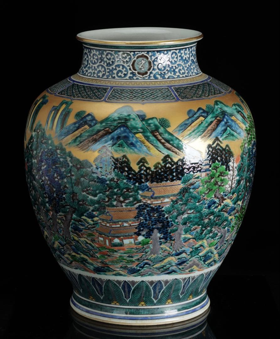 九谷焼 聚山作 金彩色絵 楼閣山水図 特大飾壺 高48㎝ 在銘 古美術 骨董品