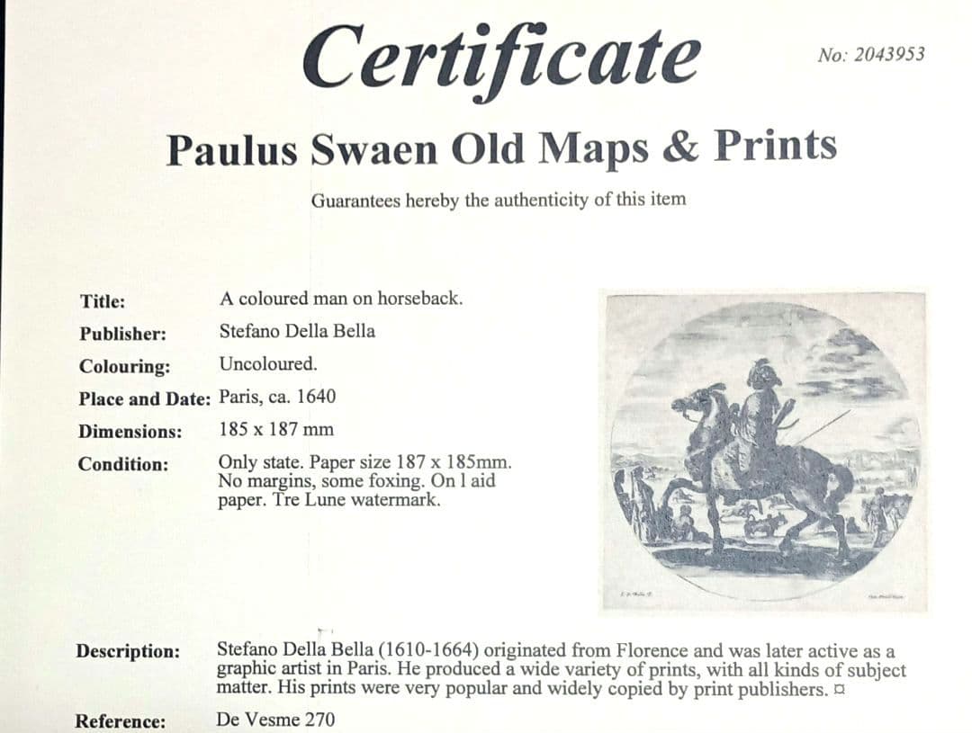 お値下げ　額装品　1640年頃　ステファノ・デラ・ベッラ　騎乗の戦士　稀少作品