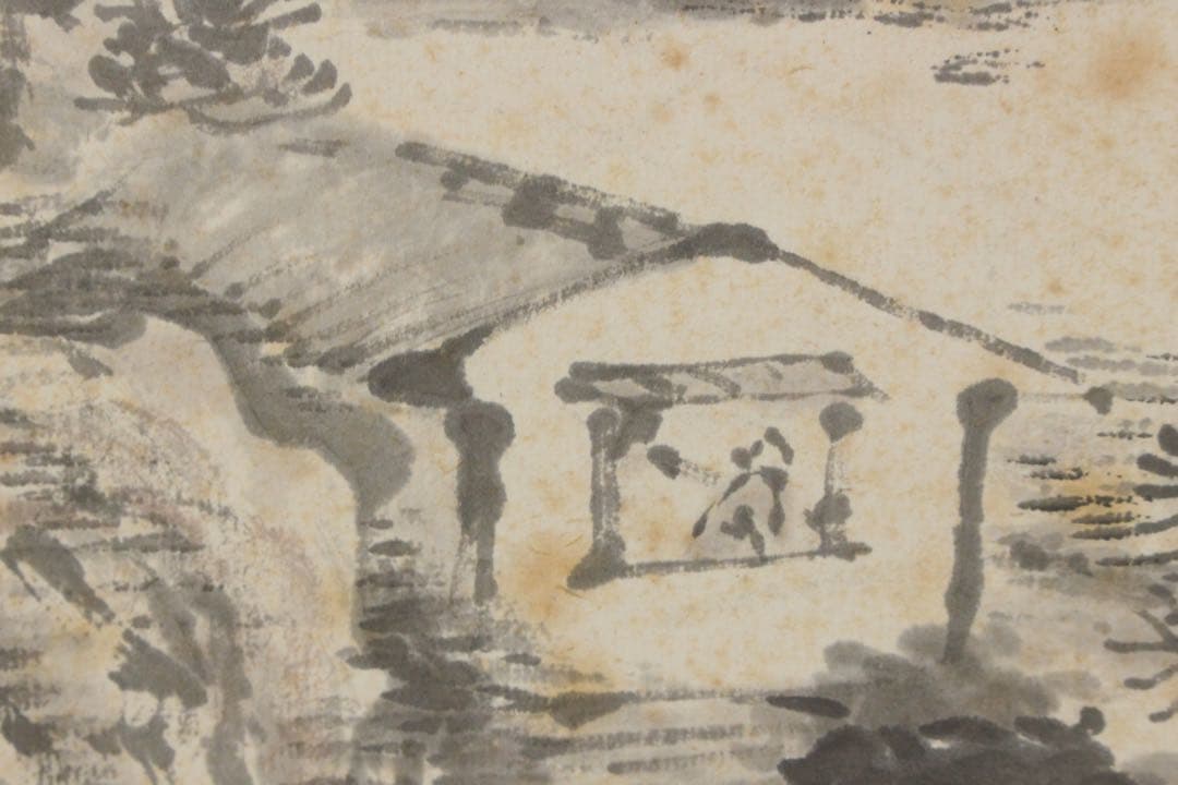 No5640 掛軸　津本柳塘　山水図　紙本　合箱　日本画　古画　古美術　送料無料