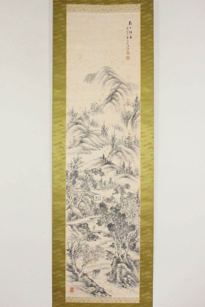 No5640 掛軸　津本柳塘　山水図　紙本　合箱　日本画　古画　古美術　送料無料